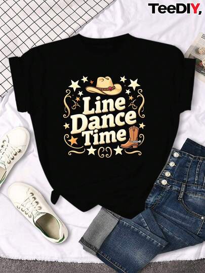 Camiseta gráfica de línea de baile occidental para mujeres teediy - Estampado de botas de vaquero y estrellas, camiseta casual de manga corta suave y transpirable para práctica de baile occidental, fiestas temáticas y atuendo casual - Ajuste cómodo para todas las estaciones con patrón geométrico, cuello redondo y diseño divertido de "Tiempo de Baile en Línea" para un look divertido y elegante, camisetas gráficas, camisetas para mujeres, ropa occidental para mujeres, camisetas para mujeres, camisetas gráficas para mujeres, camisetas para mujeres, tops para mujeres, camisetas, cosas occidentales, camisetas para mujeres