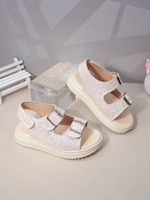 1 Pair Kids' Shimmery Pink Glitter Sandals | Lightweight Anti-Slip Flat Open-Toe Occasion & Beach Shoes For Girls Summer - Beige - View 5