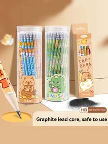12支/盒卡通水豚图案HB铅笔带橡皮擦，必备文具礼盒套装，可擦铅笔，学习用品，学生铅笔，学习配件 - 彩色 - 查看 2