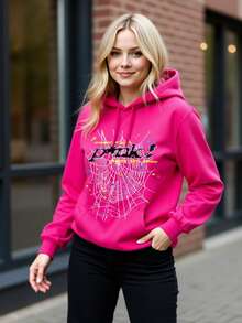 Women's Hip Hop Spider Web Pattern Graphic Alphabet Print Y2k Hoodie - Màu Hồng Tươi - Xem 5