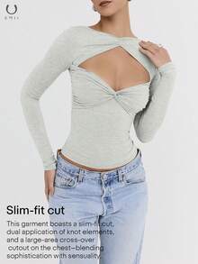Buzzelle UMII 女士情人节性感浅灰色长袖露脐上衣，胸前镂空扭结修身款，浪漫约会之夜上衣 - 灰色 - 查看 8
