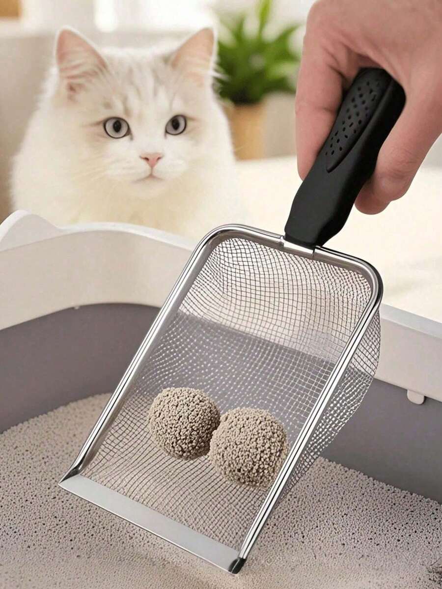 1pc Stainless Steel Cat Litter Scoop, Leak-Proof Fine Holes Pet Waste Scooper With Thick Long Handle, Durable Sifter For Clumping/Scoopable Litter, Non-Slip Grip - Multicolor - View 1