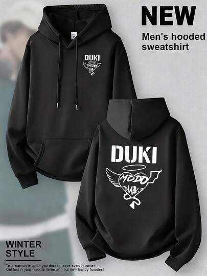 Nueva sudadera con capucha gruesa y cálida para hombres de otoño e invierno| Clásico Simple de Alta Gama con Doble Bolsillo con Impresión de Corazón con Halo Alado y DUKI,  de Moda Retro Versátil, Estilo Casual con Cordón ESLW