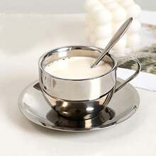 4pcs/Set Stainless Steel Coffee Cups And Premium Cappuccino Cups With Spoons And Saucers, Suitable For Coffee And Tea Lovers