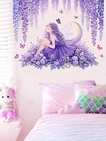 Dreamy Butterfly Girl, Dreamy Fairy Moon Butterfly Flower Design Bedroom Entryway Home Decor Wall Sticker, Waterproof PVC Material