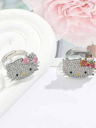 Sanrio 1 st tecknad Hello Kitty-ring med zirkoniastenar, söt katt justerbar öppen ring, trendig och elegant