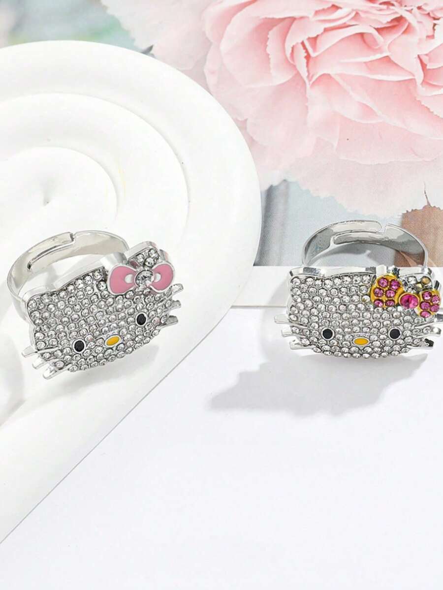 SANRIO 1枚卡通Hello Kitty戒指，镶嵌锆石，可爱猫咪可调节开口戒指，时尚优雅