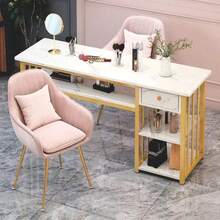 Mesa de Maquillaje de Marmol Blanco y Oro con Cajón + Estantes, Amplio Almacenamiento para Cosméticos, Mesa de Maquillaje y Uñas para Hogar y Salón de Belleza - Estante dorado + tablero blanco - Ver 6