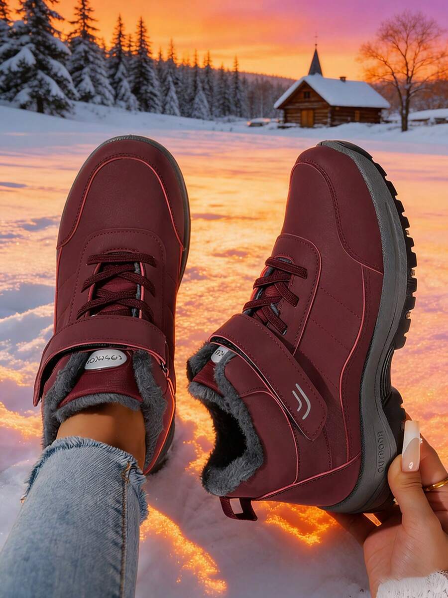 Essential Women's Casual Athletic Shoes For Winter 2025. Comfortable, Warm, Slip-Resistant, And Waterproof, These Women's Athletic Shoes Feature A Round Toe Design, Plus Sizes Available, Synthetic Leather Upper, And Rubber Sole. Ideal For Outdoor Hiking And A Top Choice For Women's Sports Activities. - 紅色 - 查看 1