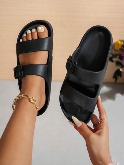 Damsandaler för vardagsbruk, platta sandaler för utomhusbruk, andningsbara tofflor för stranden, bekväma hemmatofflor