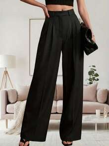 SDNGED 高腰阔腿裤女款，黑色宽松直筒裤，优雅办公服饰 - 黑色 - 查看 1