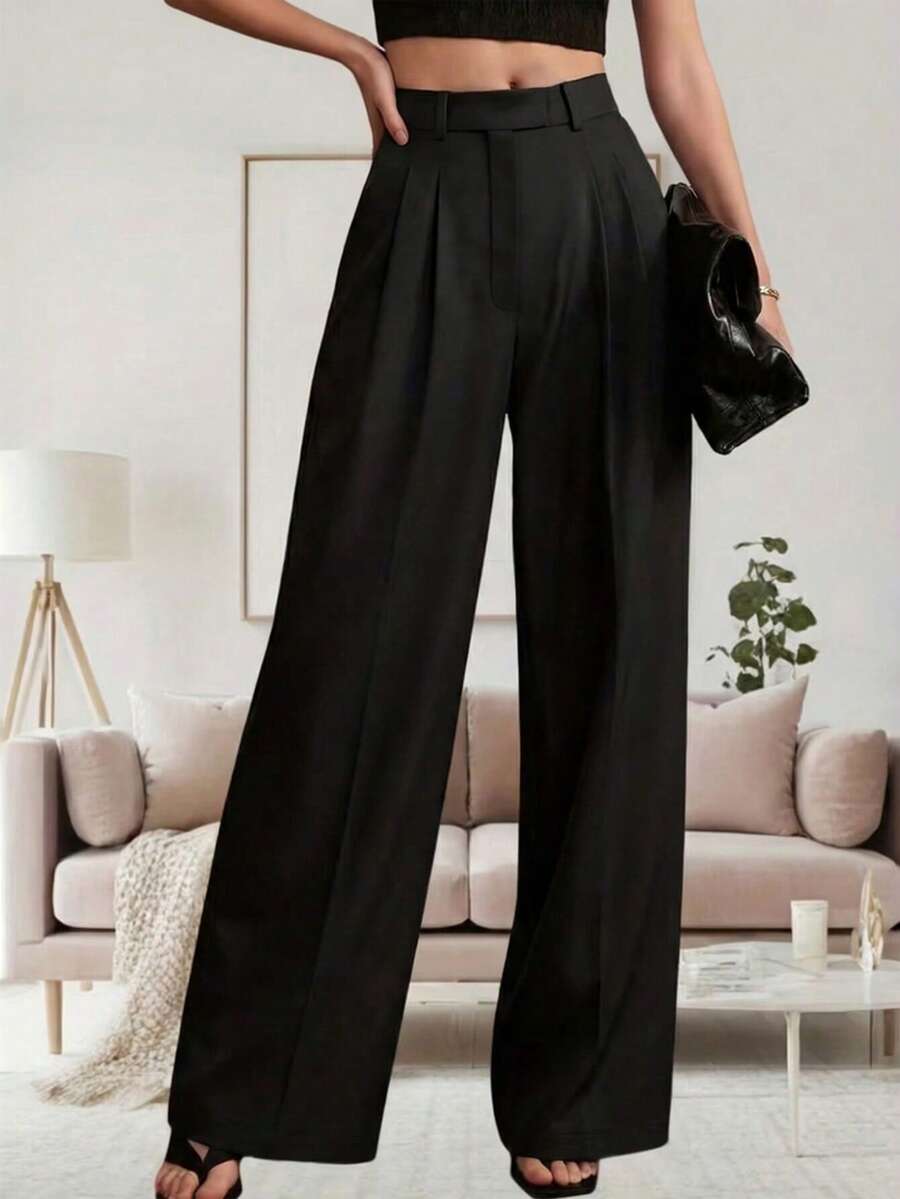 SDNGED 高腰阔腿裤女款，黑色宽松直筒裤，优雅办公服饰 - 黑色 - 查看 1