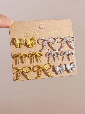 3/6 Pairs Fashionable Bowknot Earrings, Plastic Material, Gold-Plated Women Earring Set, Gift For Her