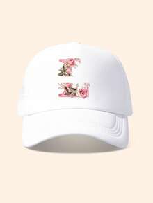 1pc White & Pink Rose Embellished Letter Design Trucker Hat, Customizable 26 Letter Text, Name, Birthday, Fashion Breathable Hollow Sunshade Baseball Cap, Suitable Gift For Friends & Kids, Spring/Summer - White - View 36