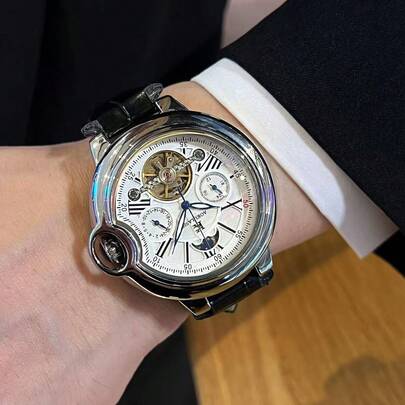 1pc Men's Automatic Mechanical Watch, Balloon Series, Multi-Function Mechanical Watch With Chronograph, Moon Phase, Luminous, Skeleton Tourbillon, Suitable For Daily Wear And Gift