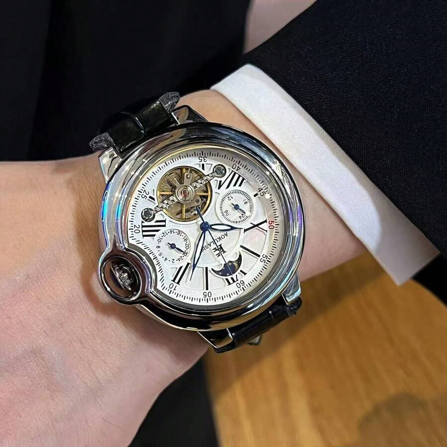 1pc Men's Automatic Mechanical Watch, Balloon Series, Multi-Function Mechanical Watch With Chronograph, Moon Phase, Luminous, Skeleton Tourbillon, Suitable For Daily Wear And Gift - Black - View 1