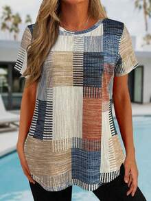 New Fashion Vacation Style, Cool Spring & Summer, Sexy Slim Fit, Visually Slimming, Fashionable Sweet & Elegant, Digital Printing Technique, Versatile Women's Casual Outerwear, Leisure, Home, Travel, Work, Wedding, Party, Beach, Spring/Summer New Vintage Color Block Patchwork Casual T-Shirt - Khaki - View 3