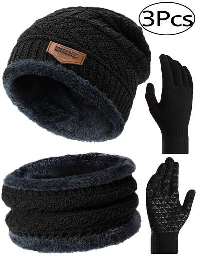 Winter Essentials 3 Pieces Set For Men - Black Knit Beanie, Thermal Lined Neck Mask & Touchscreen Gloves | Windproof & Warm Polyester Accessories For Skiing, Cycling & Outdoor Sports | Complete Casual Cold Weather Protection Bundle