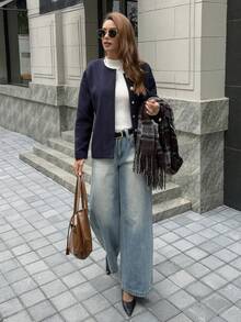 جاكيت كاجوال يومية بياقة مستديرة، أزرق داكن - أزرق بحري - مشاهدة 4