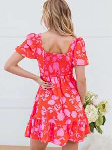 1pc Floral & Leaf Print Bohemian Ruffle Hem Dress, Beach Holiday Wear, Spring/Summer/Autumn Vacation Elegant - Red - View 2