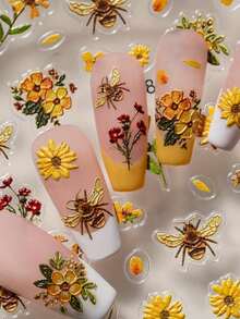 1Pc Floral Bee Nail Stickers For Flower Nail Art Stickers Summer Floral Leaf Plant 5D Embossed Nail Decals Self-Adhesive Nail Art Supplies Manicure Sliders Flower Stickers For Nails Art Decoration - 彩色 - 查看 4