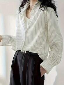 Camisa casual a rayas con cuello vuelto para mujer talla grande, adecuada para ir al trabajo, primavera/verano - Color albaricoque claro - Ver 5
