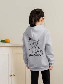 Tween Girls Casual Printed Thermal Lined Hooded Pullover Sweatshirt, Autumn - Light Grey - View 2