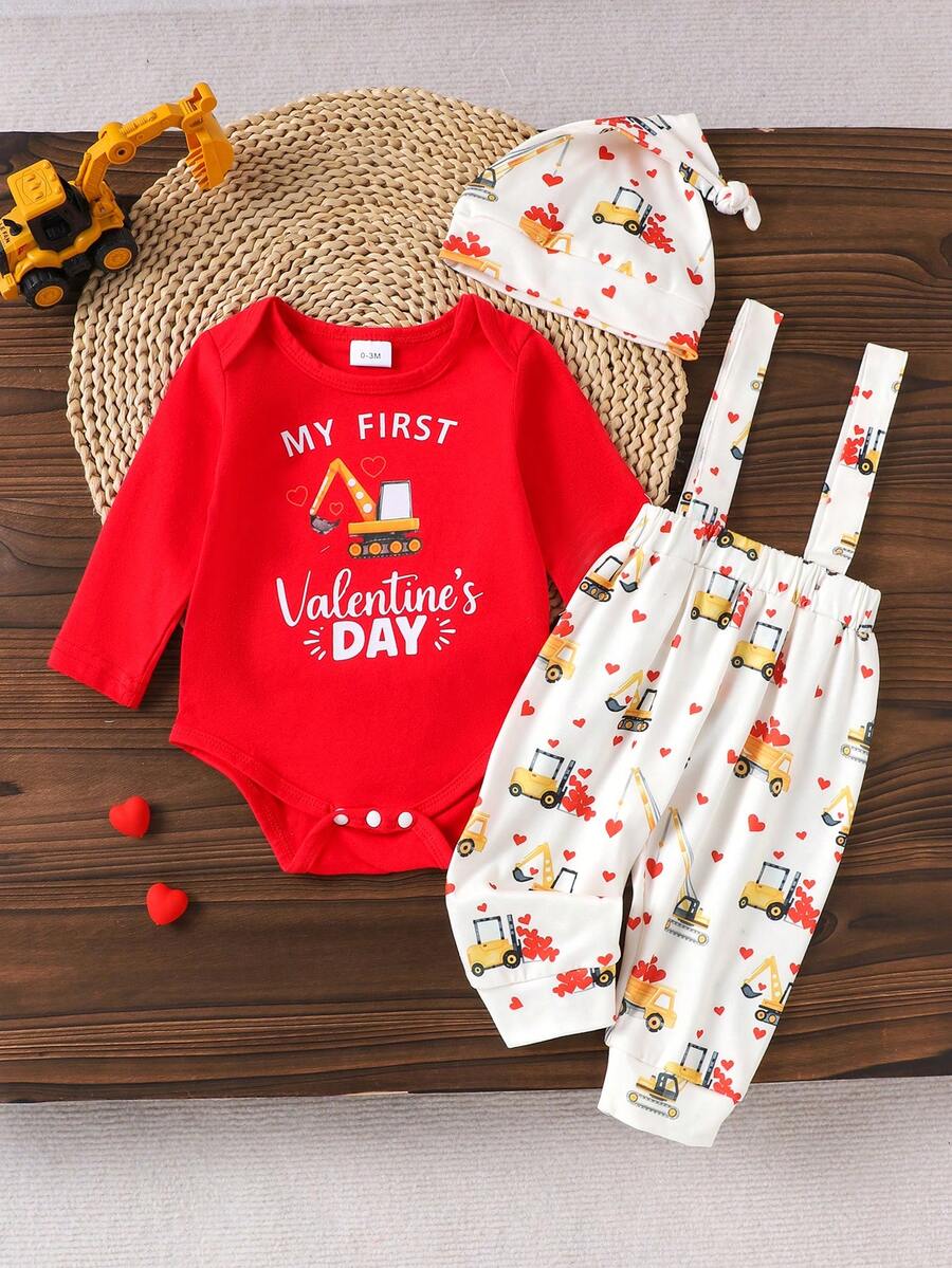 2pcs Baby Boys Holiday Casual Long Sleeve Bodysuit + Bib Pants Set, Spring/Autumn - Red - View 1