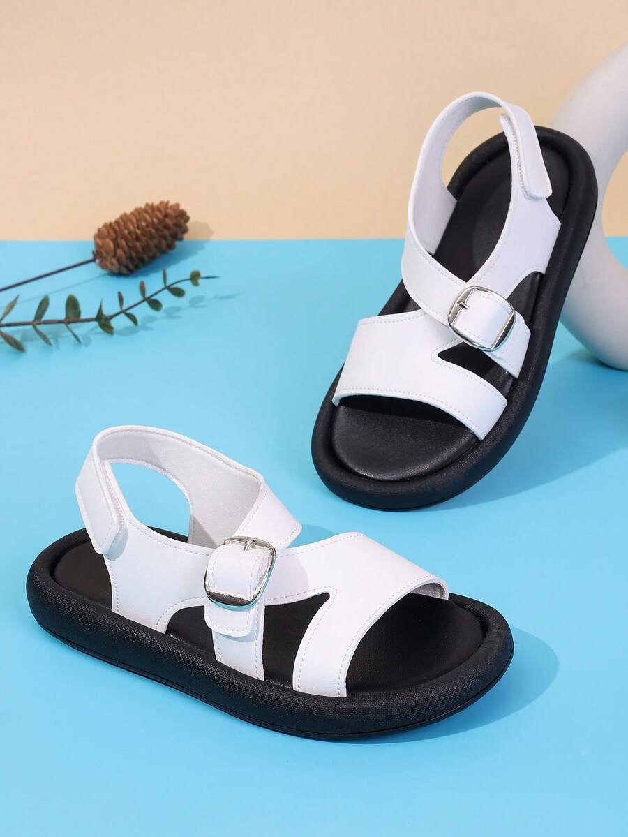 1 Pair Unisex New Style PU Hook And Loop Design Flat Cute Sandals, Soft Bottom Non-Slip Children Beach Shoes, Fashion Versatile Baby Toddler Sandals, Suitable For Summer - White - View 1
