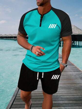 2-Piece Summer New Arrival Men's Short-Sleeve Polo Shirt With Patterned Print & Elastic Waist Drawstring Shorts Casual Sports Travel Vacation Fitness Running Set