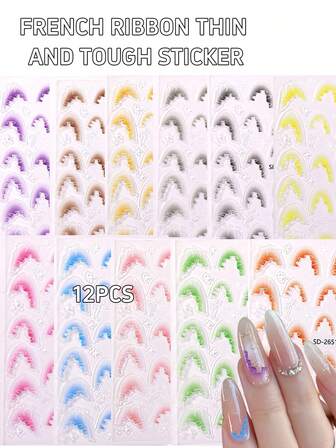 12 PCS 5D Gradient French Manicure Stickers Water Transfer Stickers DIY Shadow Nail Art Decoration