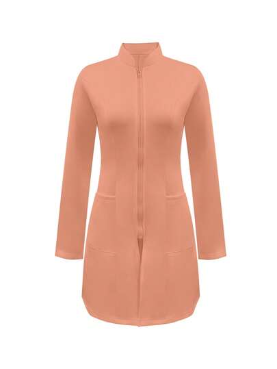 Women's Solid Color Stand Collar Zipper Front Pocket Lab Coat, Long Sleeve