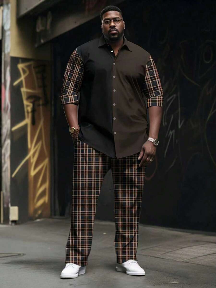 Plus-Size Men's Shirt Set, Color-Blocked Shirt And Plaid Trousers, Two-Piece Set, Men's Clothing, Casual Wear, Spring Set.Business Tweed Suit - Nhiều màu - Xem 1