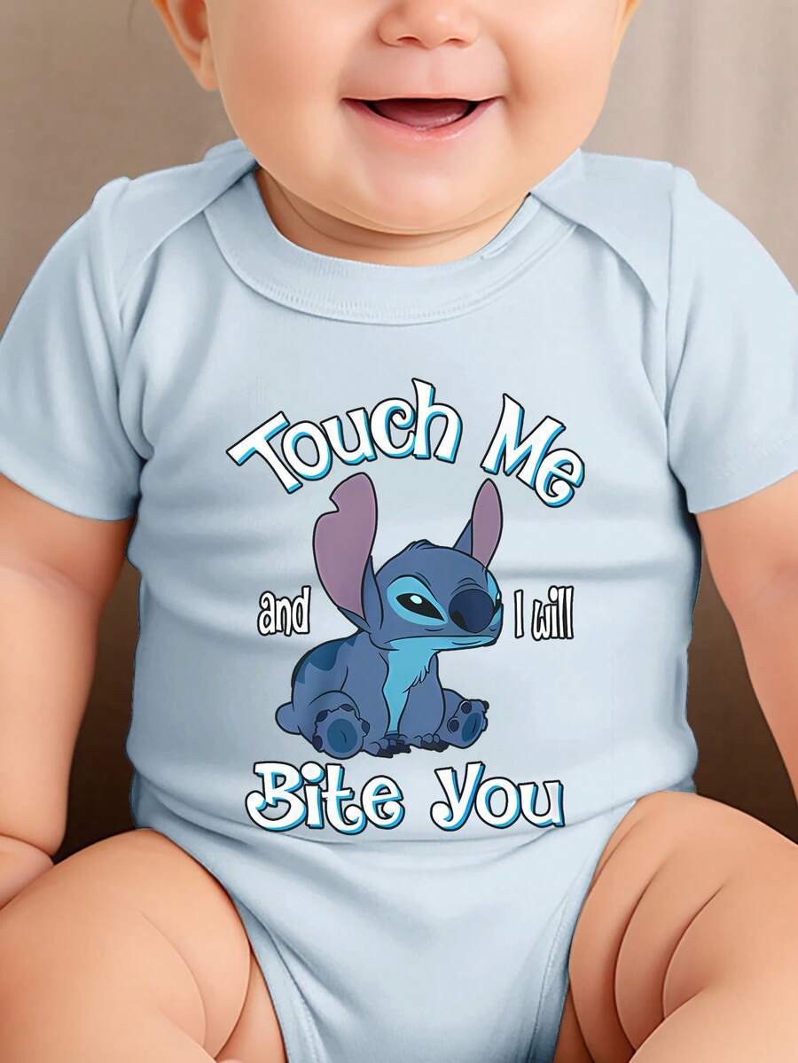 Disney Newborn Jumpsuit - For Both Men And Women - Stitch Lettering Print - Crawl And Toddler Set - Summer Outdoor Casual Round-Neck Crawl Cover With Triangular Hem - Summer's Top Choice - Fun - Cute And Adorable - Perfect Holiday Gift For Infants And Toddlers - Màu xanh nhạt - Xem 1