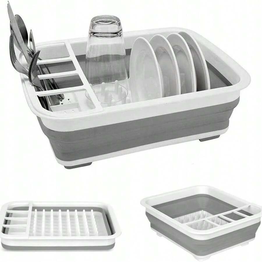 Collapsible Folding Silicone Dish Drainer Camping Caravan Boat Drying Rack, SILICONE DISH DRYING DRAINER, FOLDABLE DRIPPER, FOLDABLE SILICONE DISH DRYING DRAINER FOR PLATES, GLASSES, CUTLERY. - white grey - View 1