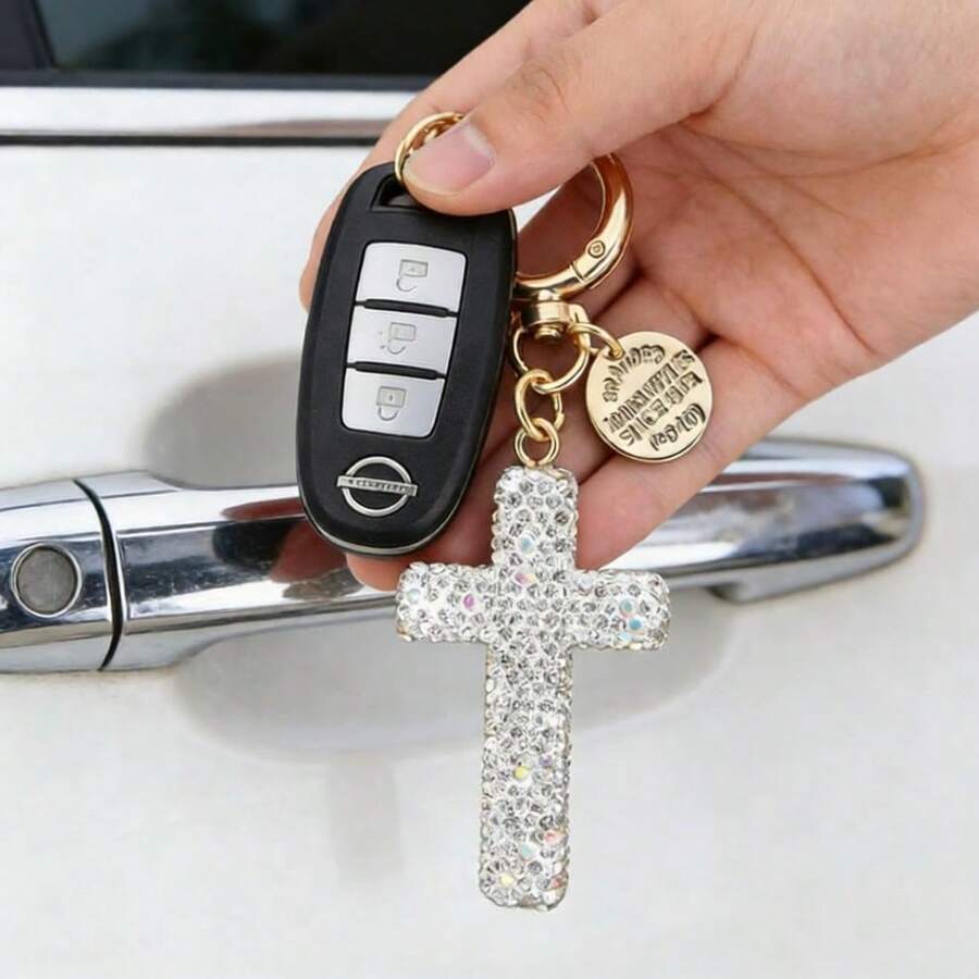1pc Minimalist Rhinestone Cross Keychain – Sparkling Cross-Shaped Pendant With Creative Design, Phone & Earphone Charm, Bag Accessory, Halloween Car Accessories, School Cute Goth Y2K Style Key Ring Gift For Women & Men - 粉色 - 查看 1