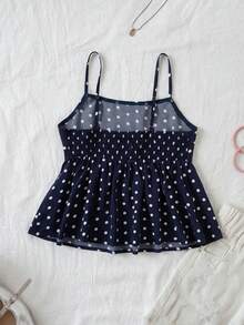 海军蓝波点短款罩衫，配有可调节细肩带和喇叭下摆，波点卡夫坦式上衣，卡夫坦式上衣，波点罩衫，可爱夏季上衣 (YY1147) - 藏蓝色 - 查看 2