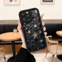 Cubierta de telefono con estrellas doradas y puntos 3D color negro para iPhone elegante diseño de lujo adecuada para uso diario y ocasiones especiales,Aplicable a los teléfonos de la serie Apple y Galaxy - Negro - Ver 1