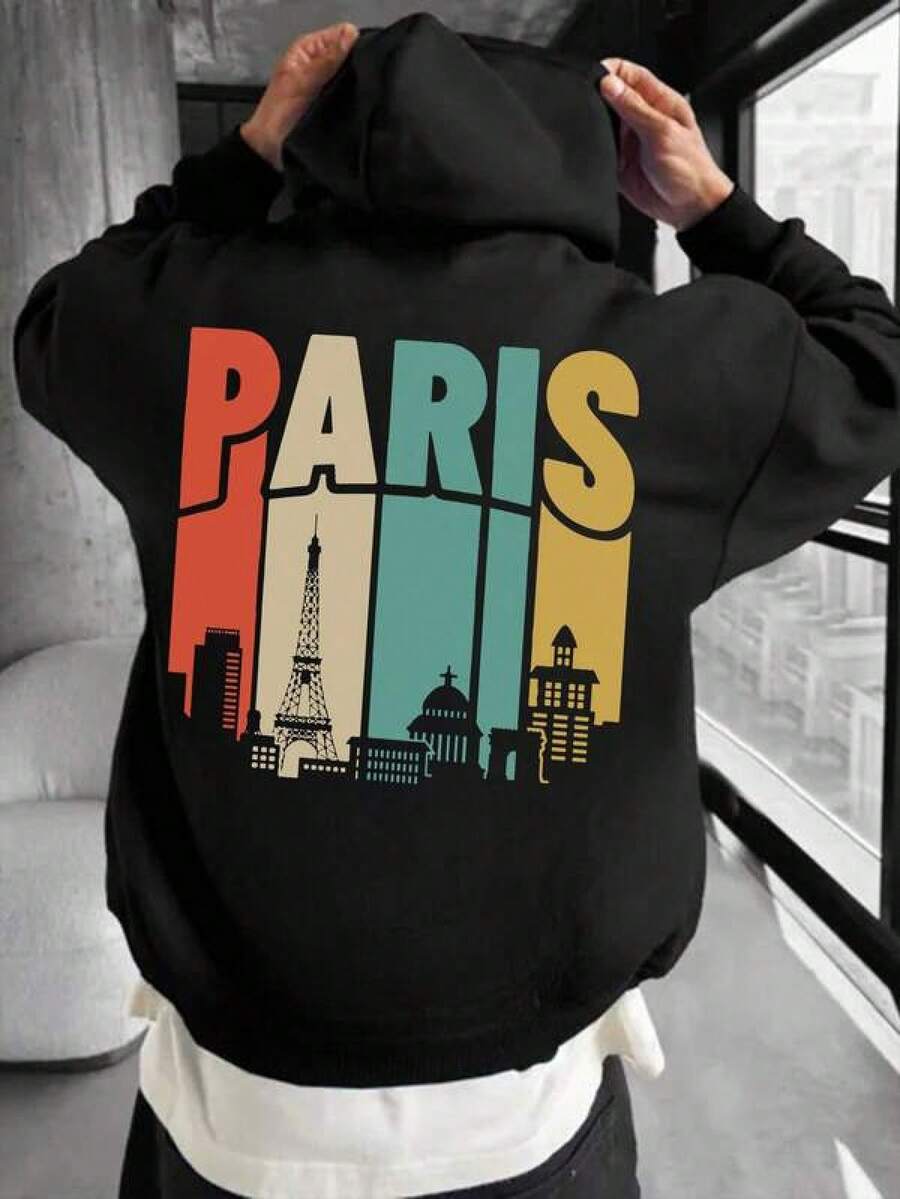 Sudadera con Capucha de Bolsillo de Corte Holgado para Hombre, Gráfico de Silueta del Skyline de París, Estilo de Calle Vintage, OtoñoInvierno, Top de Manga Larga - Negro - Ver 1