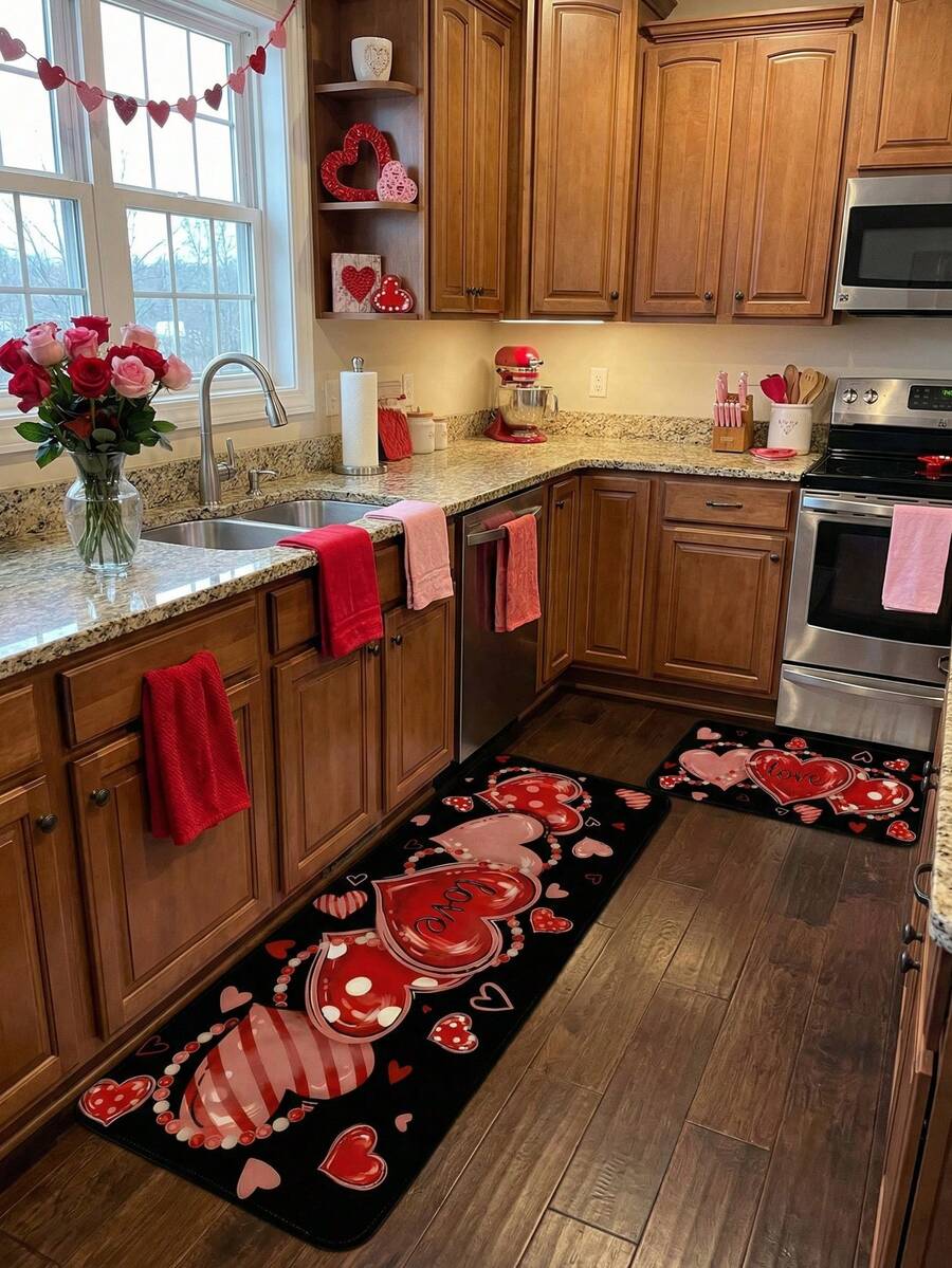 1pc Valentine's Day, Mother's Day Gift Kitchen Rug, Wedding Anniversary Kitchen Mat, Suitable For Floors, Faux Sheepskin Black Kitchen Decor Doormat (19.69"X31.5"/19.69"X59.06"), Kitchen Decor, Home Decor, Fashionable Rug, Gift Shopping, Heart-Shaped Carpet, Kitchen Mat, Kitchen Rug, Kitchen Mat Set - Multicolor - View 1