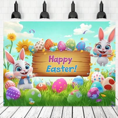2D平面复活节兔子卡通横幅，单件装，涤纶纤维复活节快乐背景布，耐用节日装饰，适用于教室和办公室，无需用电