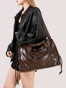 2025 New Women's Bag, Y2K Retro Motorcycle Bag, Soft Leather Large Capacity Tote Bag, Dystopian Style Shoulder Bag, Women's Crossbody Bag, Super Soft Fabric - Coffee - View 9