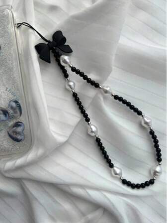 1PC Ins Minimalist Style Black Butterfly Faux Pearl & White Beaded Anti-Lost Mobile Phone Strap Suitable For Giving Christmas Gifts To Girls And Ladies With Any Phone Model