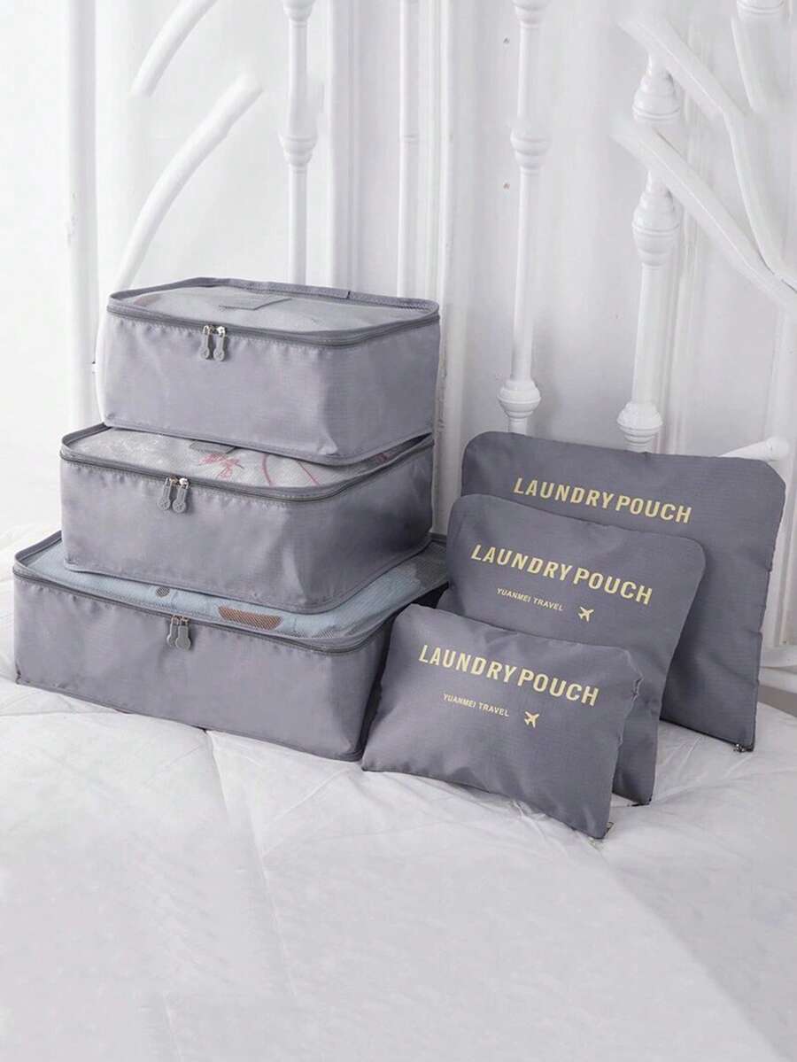 6pcs Travel Luggage Organizer Bags, Foldable Packing Cubes, Shoe Bag, Underwear Bag - Grey - View 1