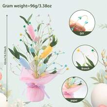 1 Stück/Ostern Kunstblume in Topf, in Kraftpapier verpackt. Lila, gelbe und weiße Blumen mit rosa Filzeiern, orangefarbenen Filzkarotten und grünen Blättern werden verwendet, um die Fensterbank, den Esstisch und die Tischplatte zu dekorieren und eine festliche Atmosphäre zu schaffen. - Niu Nius Osterbaum - Übersicht 13