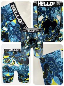 3件套随机款式男士涂鸦印花长款拳击短裤，透气舒适速干弹力腰带运动短裤，沙滩/泳池泳裤，男士创新内衣 - 彩色 - 查看 9