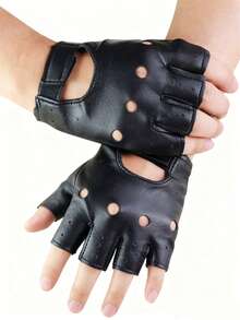 1双PU皮半指手套，男士驾驶、街舞表演手套，女士薄款露指骑行运动手套，四季皆宜 - 黑色 - 查看 5