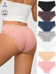 7pcs Solid Color Cotton Lace Patchwork Ribbed Sexy Romantic Comfortable Low Waist Women's Triangle Panties - Multicolor - View 9