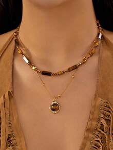 Bộ 2 mặt dây chuyền đá mắt hổ nhiều lớp kiểu cổ điển thanh lịch, bộ trang sức dây chuyền hai lớp dành cho nữ, phụ kiện thời trang cho hàng ngày và dự tiệc, quà tặng bạn thân (Màu đá tự nhiên và số lượng hạt tròn và vuông được chọn ngẫu nhiên) - Nhiều màu - Xem 9