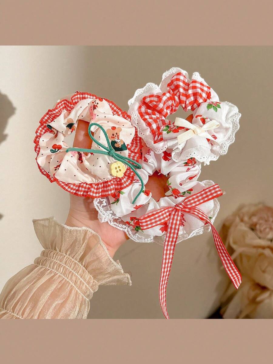 1/3 unidades de elásticos de cabelo de renda de alta qualidade, elásticos grandes, prendedores de rabo de cavalo duráveis e altamente elásticos, elásticos com estampa de morango, acessórios de cabelo com laço, elásticos versáteis, acessórios de cabelo personalizados e fofos, ideais como presentes para mulheres, presentes de Natal, acessórios de cabelo para a volta às aulas - Multicolorido - Ver 1